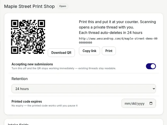 Screenshot: the owner dashboard showing a sample shop’s Drop Point and its QR code.
