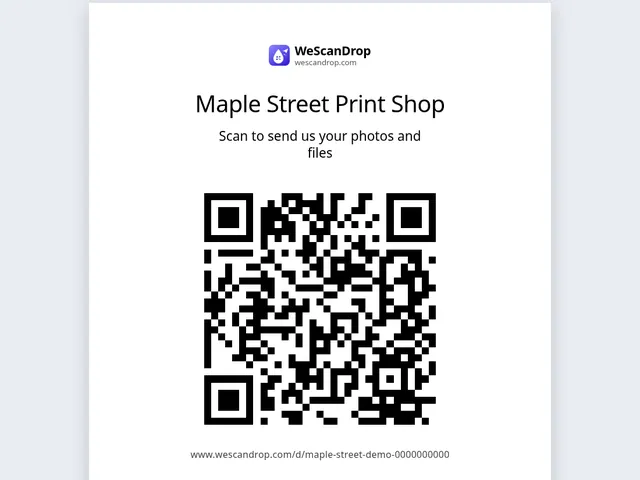 Screenshot: the printed sign for a sample shop, with its name and QR code.