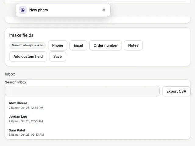 Screenshot: the dashboard inbox listing sample customers by name, with a ‘New photo’ notification.