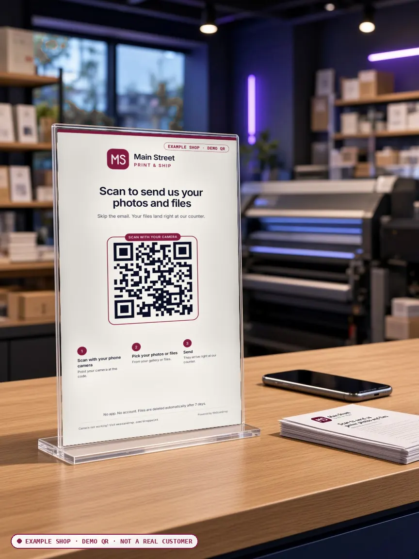 A Main Street Print & Ship Drop Point sign with a QR code in an acrylic stand on a wooden shop counter