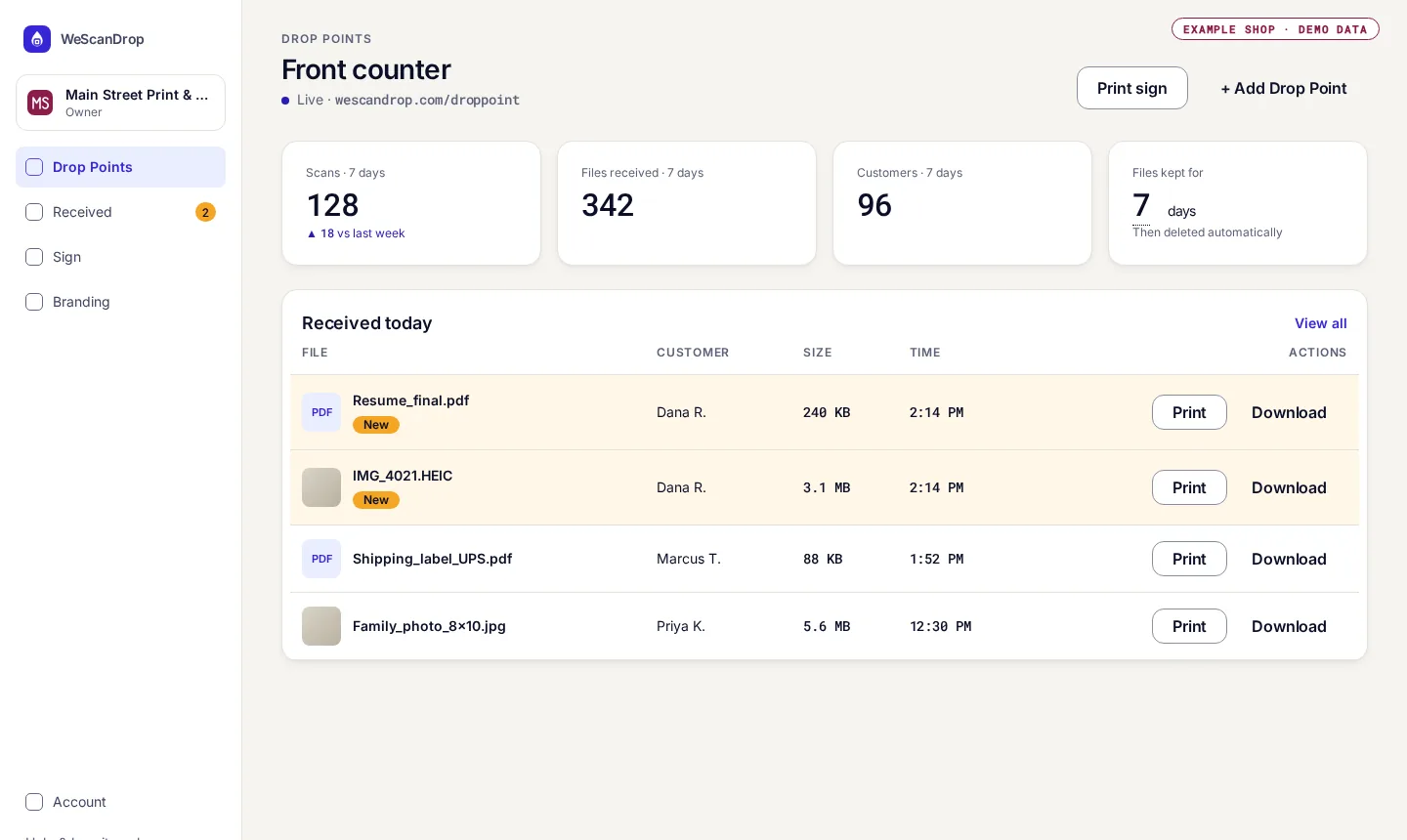 Owner dashboard showing new files from customers